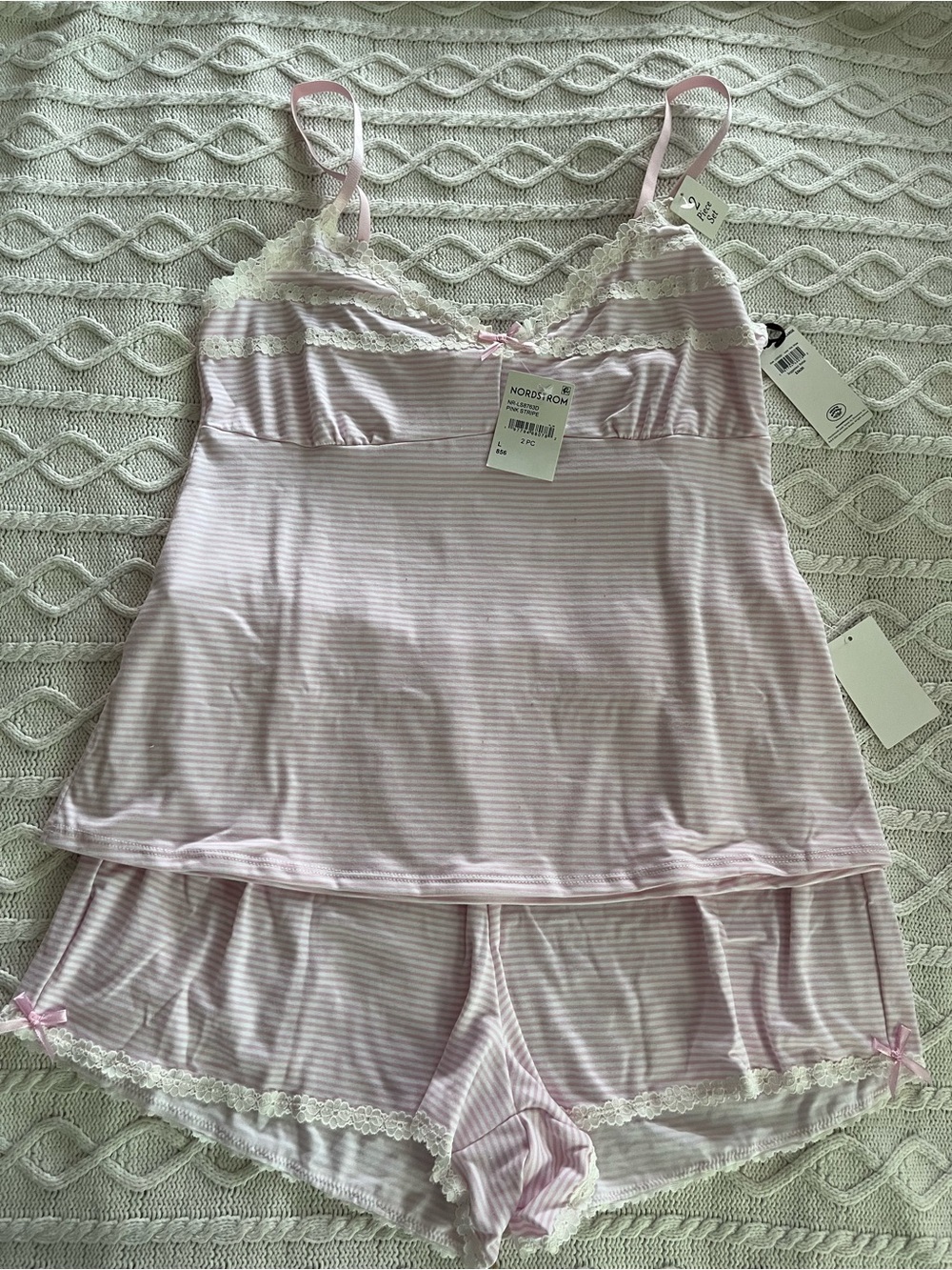 Laura Ashley Pink & White Striped Lace Trim Cami Pajama Set